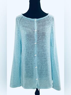 Sigrid Olsen Essentials Light Blue Sheer Knit Button Sweater Cardigan, Large